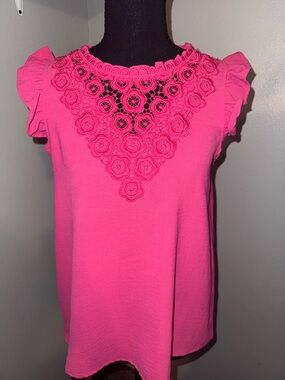 Women's Hot Pink Crochet Yoke Flutter Sleeve Camisole Small